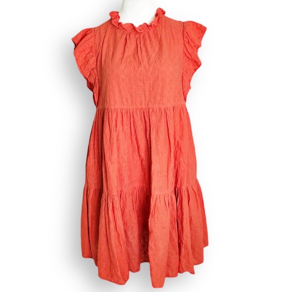 EN SAISON EYELET FLUTTER SLEEVE WASHED COTTON ORANGE BABYDOLL RUFFLED MI… - Picture 2 of 16